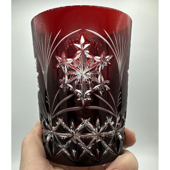 2 Bohemian AJKA Crystal Ruby Red Etched Glasses Snowflake Winter Holiday RARE - Picture 12 of 13